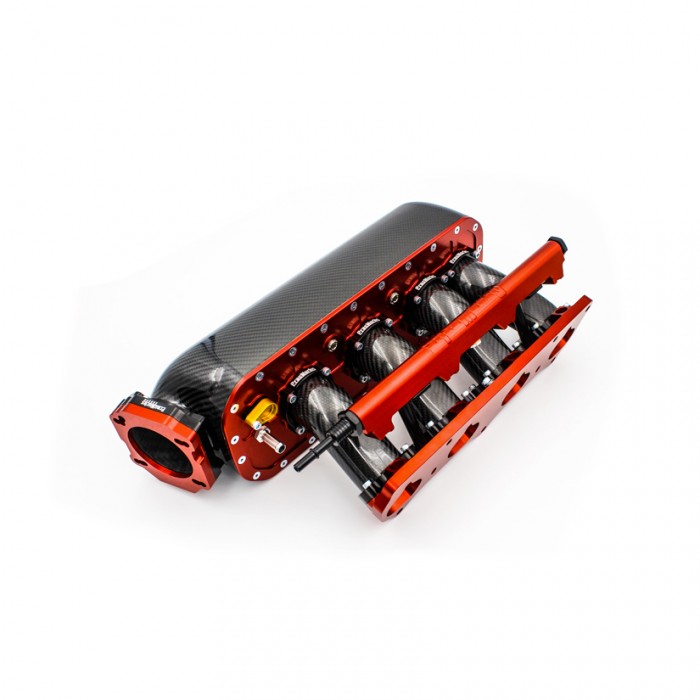 PracWorks Carbon Fibre Intake Manifold Lowered Plenum with Fuel Rail Honda K-Series K24 Only Red Anodizing with Polished Carbon