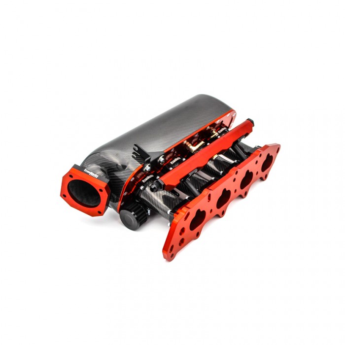 PracWorks Carbon Fibre Intake Manifold with Fuel Rail Honda B-Series Red Anodizing with Polished Carbon